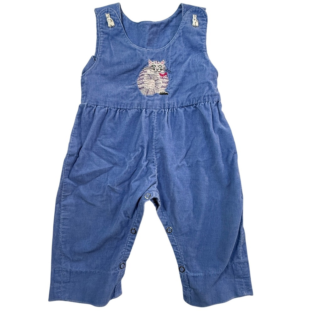 Vintage Baby Corduroy Cat Romper 12M Blue Cottagecore Embroidered Cat Buttons